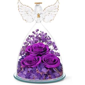 Preserved Flower Rose Gifts for Women, Forever Eternal Fresh Flowers in Glass Angel Figurines Flowers for Delivery Prime Purple Roses for Grandma Mom Sister Her Wife on Mothers Day Birthday Christmas (Classic Purple (Rose, Baby's Breath, Hydrangea))