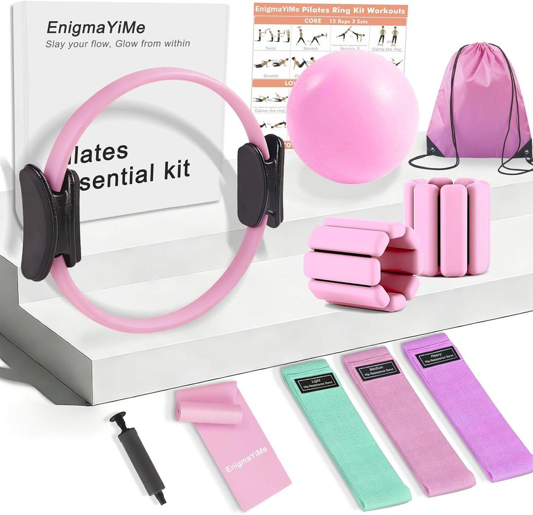 Pilates Ring Kit with Adjustable Ankle Wrist Weights, Resistance Bands, Ball, Pilates Equipment Ball for Home Workout to Tone, Sculpt and Strengthen, Fitness Magic Circle Rings for Yoga Women (Pink)