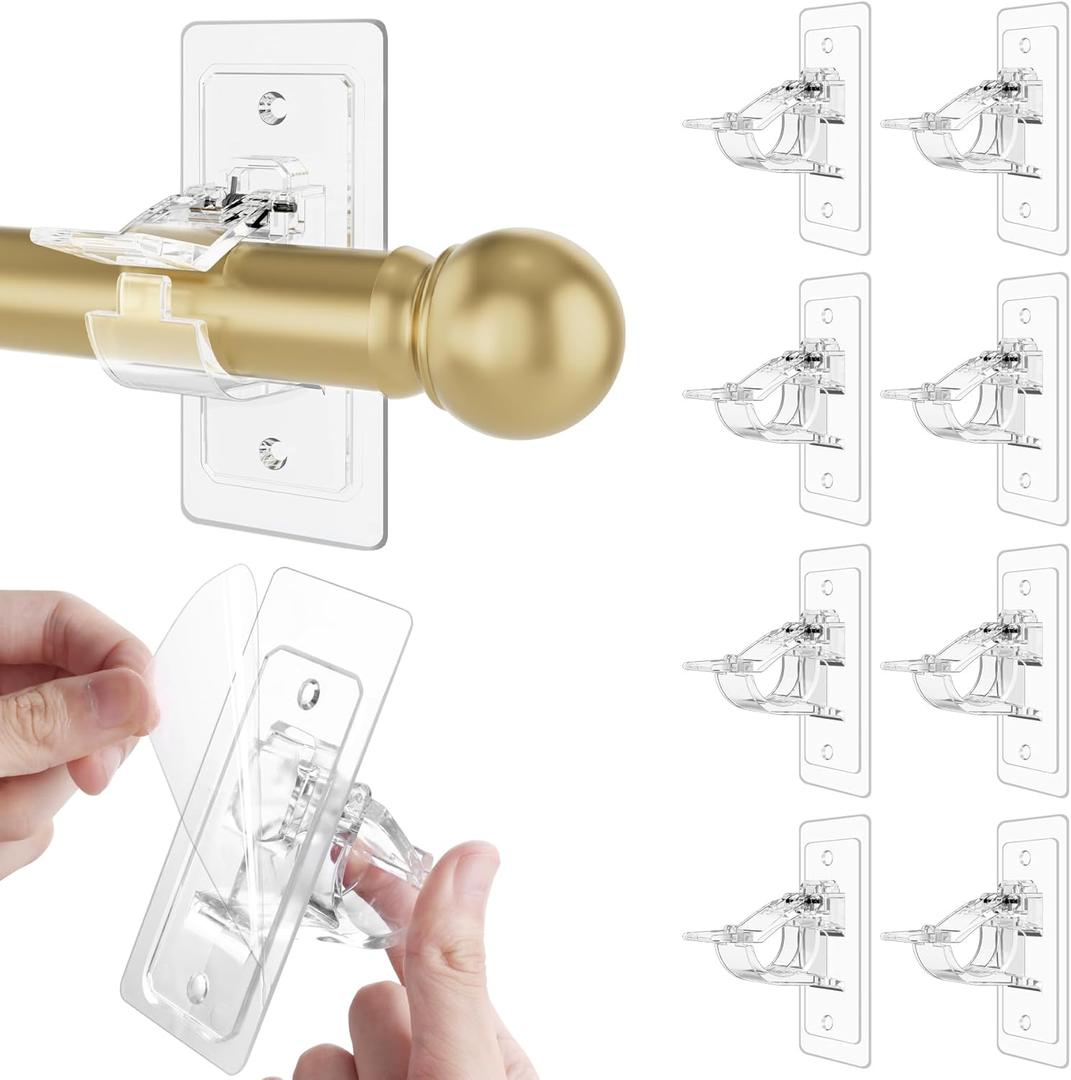 Goabroa Curtain Rod Holders No Drilling, 8 Pack Adhesive Universal Curtain Rod Brackets for Rod 0.5"-1.18" in Diameter, Adhesive Curtain Rod Holder for Bedroom, Living Room, Bathroom (Clear)