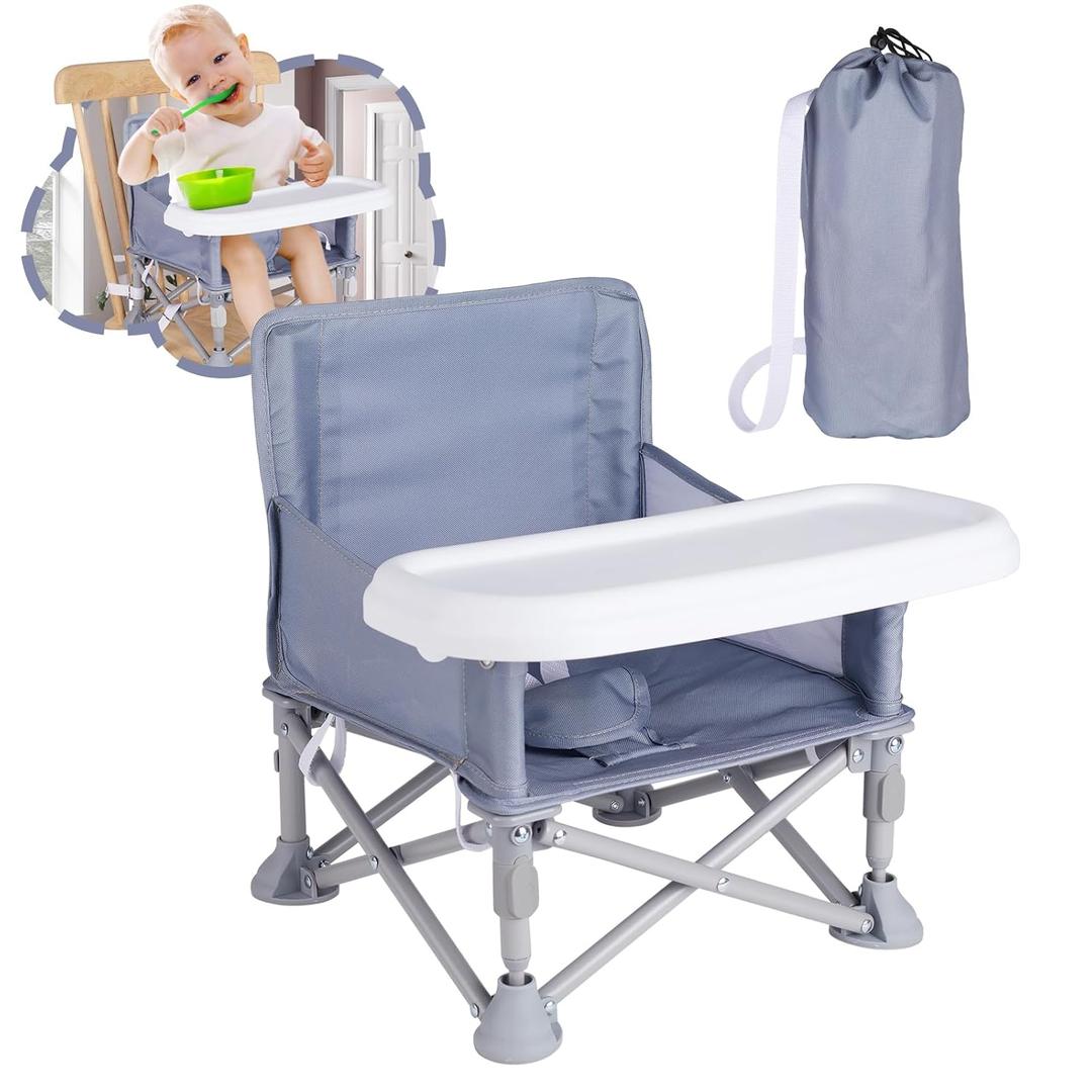 Portable Baby Chair, Folding Booster Seat with Tray for Dining Table Compact Camping Chair for Lawn Beach Travel Babies 6-36 Months (Grey)
