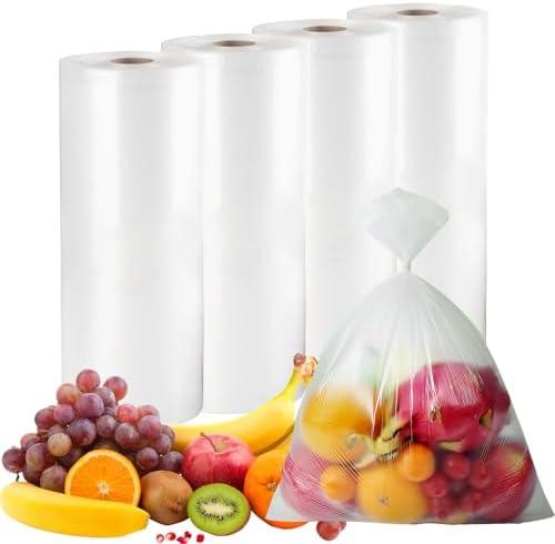 12" x 20" Clear Plastic Produce Bag on a Roll, Food Storage Bags for Vegetables, Bread, Fruits and Meat, Easy To Tear, Continuous Roll- 350 Bags/Roll - [4 Rolls]