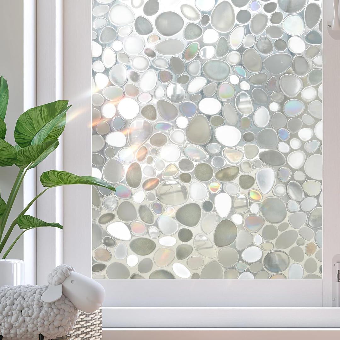 Window Privacy Film, Stained Glass Window Films, 3D Pebble Rainbow Windows Cling Decorative Decals, Sun Blocking Windows Stickers Static Cling Door Covering (23.6" x 78.7")