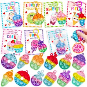 Jumlys Valentines Day Cards for Kids School, 36 Pack Dessert Pop Fidget Keychains Bulk, Valentine Day Party Favors for Boys Girls, Ideal Exchange Cards for Classroom