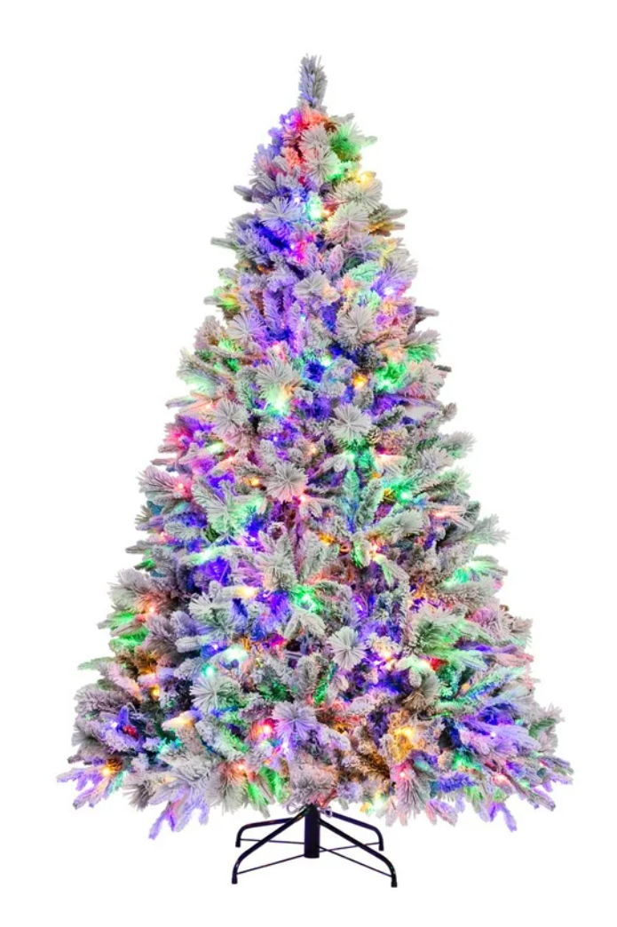 7 FT Pre-Lit Snow Flocked Christmas Tree Hinged Xmas Tree