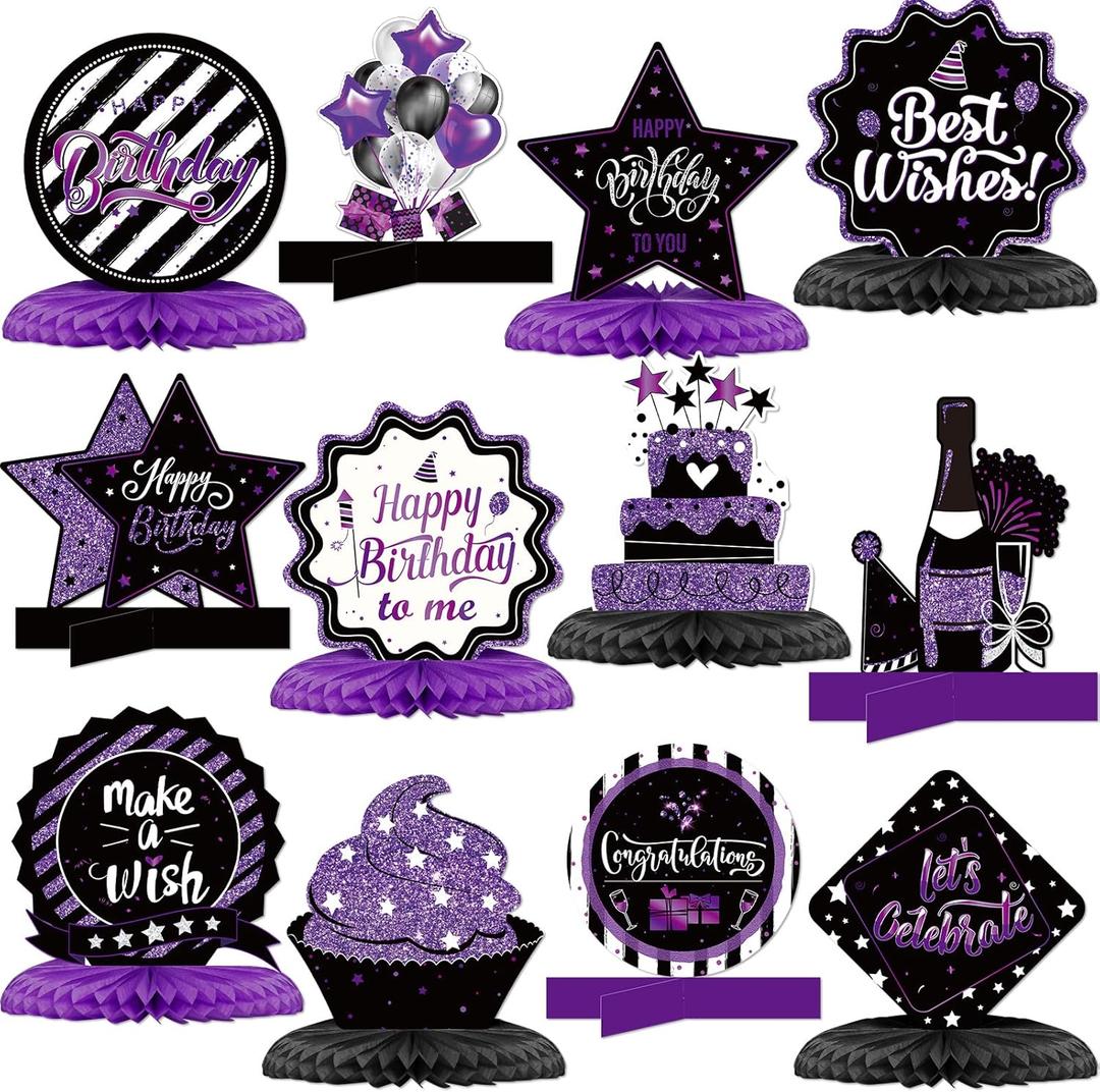 Clabby 12 Pieces Birthday Table Decorations Honeycomb Centerpieces for Table Decor Cute Birthday Honeycomb Topper for Women Men Anniversary Theme Party Supplies Photo Props(Purple, Black)