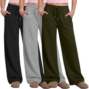 Oakgarden 3 Pack Girls' Wide Leg Sweatpants Drawstring Baggy Pants Teen Casual Loose Athletic Joggers with Pockets 5-14 Years(Black, Army Green, Light Mixed Gray, 13-14 Years)