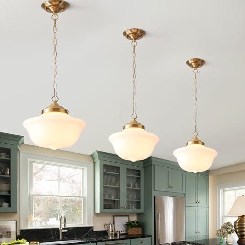 BinoBro Schoolhouse Light Fixture, 12 Inch Black Finish with Milk Glass Semi Flush Mount Ceiling Light, Ceiling Light Fixture for Kitchen Hallway Entryway (Type C Pendant Light)