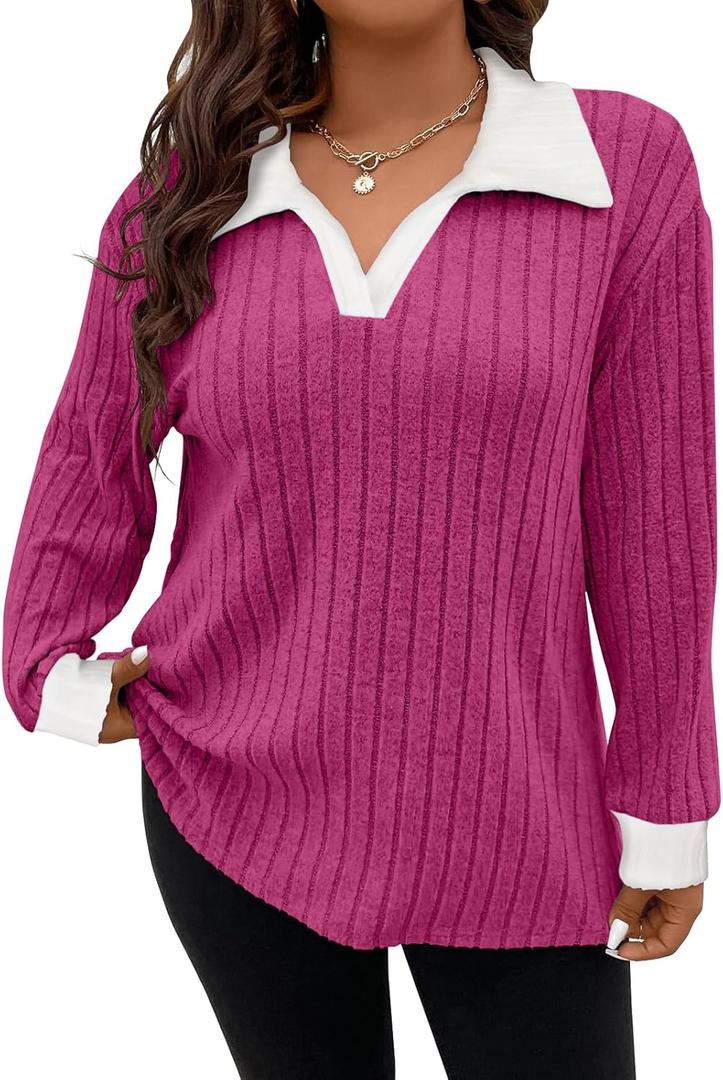 Koscacy Women Plus Size Casual Knit Sweater Lapel V Neck Solid Color Tops Lightweight Long Sleeve Blouses (X-Large Plus, Rose Pink)