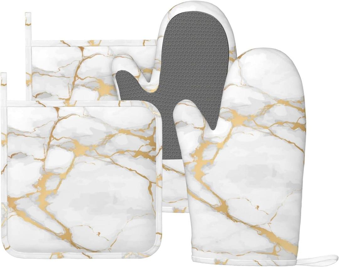 Oven Mitts and Pot Holders Marble White Gold Silicone Kitchen Accessories Set of 4 Heat Resistant Long Gloves Potholder Non-Slip Grip for Chef Cooking,Baking,Grilling,BBQ, 
11"L x 7.2"W