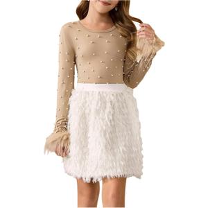 WDIRARA Girl's Faux Fur 2 Piece Sets Pearls Long Sleeve T Shirts Fringe Skirts Cute Outfits (Beige)