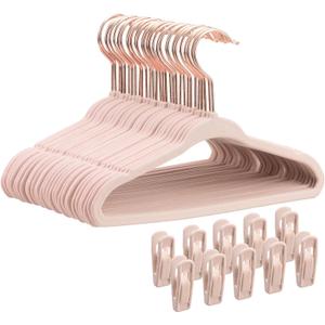 Tonswachic Baby Velvet Hangers 30 Pack - 11 Inch Non Slip Felt Kids Hanger for Newborn Clothes - Ultra Thin Space-Saving Infant Hangers for Toddler Kids' Closet with 10 Hanger Clips - Pink