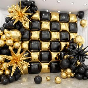 36pcs Gold and Black Square Foil Balloons Wall Backdrop with 147pcs Balloon Garland Arch Kit, Double Sided Balloons for Birthday Bridal Shower Anniversary New Year Graduation Party Decorations