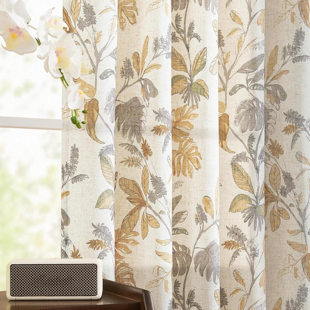 jinchan Linen Curtains for Living Room 63 Inches Length Tropical Leaf Print Botanical Flax Farmhouse Country Curtains Rod Pocket Light Filtering Window Treatment Drapes Set, 2 Panels, Yellow
