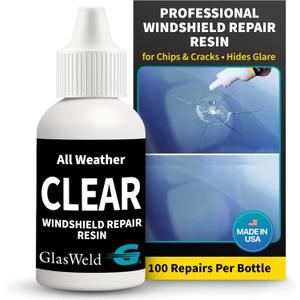 GlasWeld Windshield Repair Resin  Liquid Auto Windshield Chip Repair Kit for Glass Crack & Damage  Clear Tint for Reduced Visibility  All-Weather Liquid Resin with Zoom Injector & UV Curing Lights