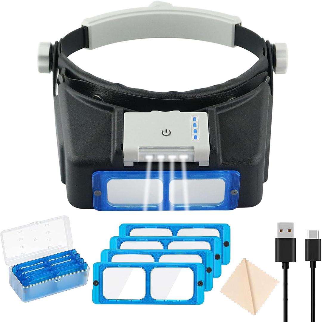 Dandelion Rechargeable Head-Mounted Magnifier with LED Light, Headband Double Lens Illuminated Reading Magnifier Loupe Jewelry Visor Opitcal Glass Binocular Magnifier with Lens -1.5X 2X 2.5X 3.5X