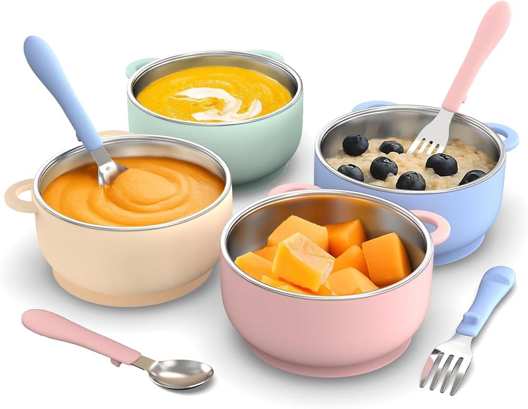 Bakpoco Toddler Bowls with suction & Utensils Set, 2-in-1 Stainless Steel 304 Kids Feeding Bowl & Silicone Suction Baby Bowl with Spoons and Forks, First Self-feeding Training Set, Organic Bloom