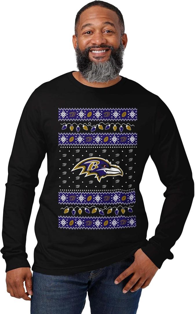 FOCO NFL Mens NFL Team Logo Holiday Lights Sweater Long Sleeve T-Shirt (3X-Large)