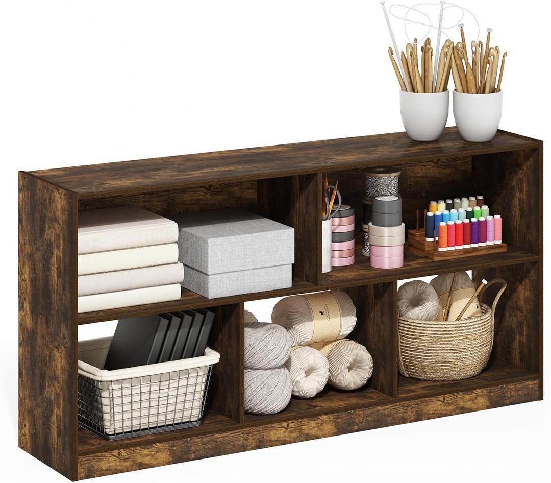 Furinno DALY Book Shelf, 5-Cube Bookshelf, Horizontal Cube Storage Organizer Bookcase, 10.9 x 47.2 x 23.6, for Living Room, Bedroom, Home Office, Amber Pine, Standard, 5-Cube