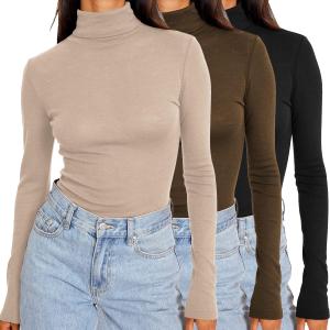 SUNBS Womens 3 Piece Turtleneck Long Sleeve Shirts Mock Neck Fall Fashion 2025 Slim Fit Winter Thermal Underwear Tops (Large)