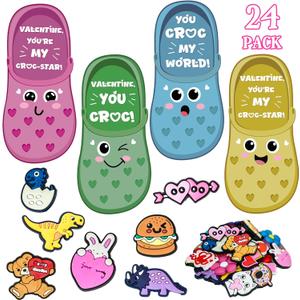 Valentines Day Gifts for Kids - 24 Valentine Cards with 48 Shoe Charms Bulk - Valentine Exchange Card for Boys Girls Toddler Class Classroom Gift Funny Party Favors