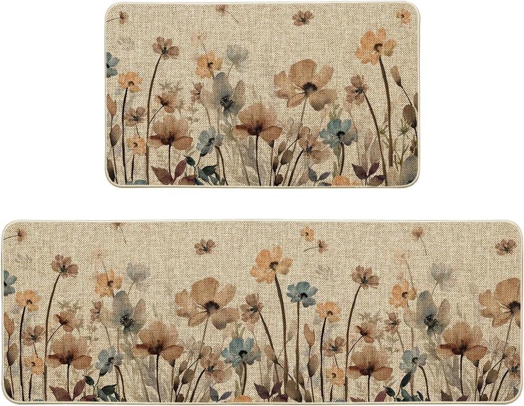 Artoid Mode Brown Poppy Floral Leaves Spring Kitchen Mats Set of 2, Spring Home Decor Low-Profile Kitchen Rugs for Floor - 17x29 and 17x47 Inch