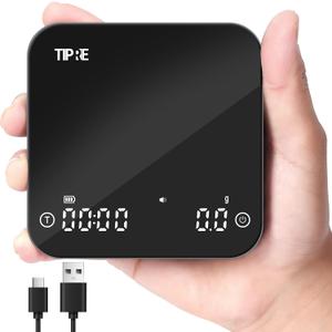 TIPRE Mini Coffee Scale with Timer, 2kg/0.1g Precision Portable Espresso Scale, Rechargeable Pour Over Scale with Type-C,Flow Rate Mode, g/oz/ml, LED Display, Tare Function, Silent Mode