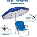 AMMSUN Chair Umbrella with Universal Clamp Adjustable 47 inches and 360 Swivel & UPF 50+ Protection Portable Sun Umbrella, Secure Clip on Camping/Beach Chairs, Stroller, Wheelchair, Golf cart, Lounger, Blue, Large-sized