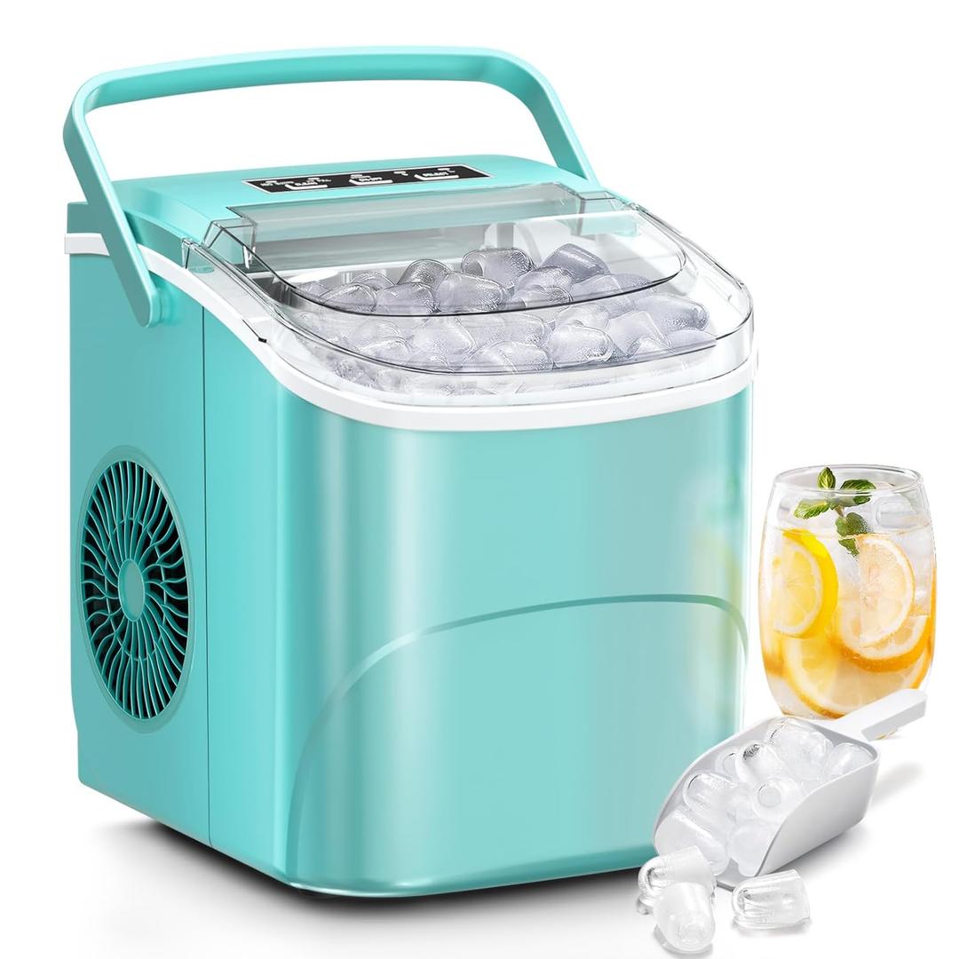 Antarctic Star Countertop Ice Maker,26Lbs/24H,9 Cubes in 6 Mins,Portable Ice Machine with Ice Scoop and Basket,2 Sizes of Bullet Ice Cube for Home Kitchen Office Bar Party (26.5LBS/24H, Green)