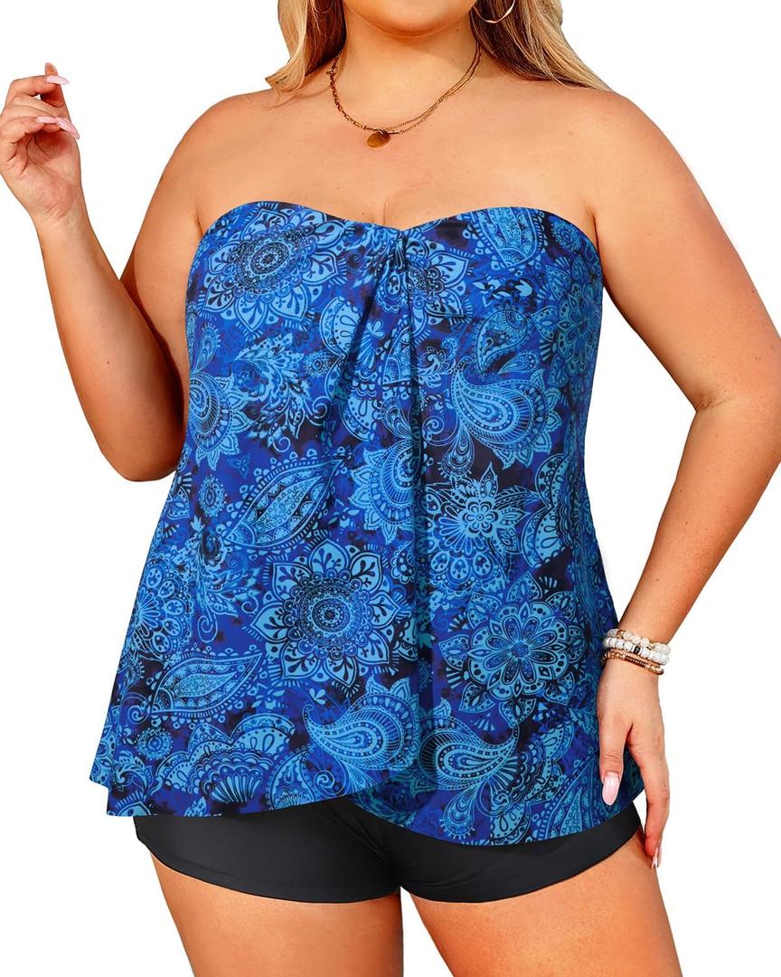 Daci Plus Size Bandeau Tankini Swimsuit for Women 2 Piece Halter Swim Top with Shorts Tummy Control Bathing Suits, 24 W