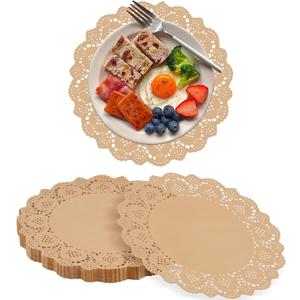100 Pcs Paper Doilies for Table, Round Paper Placemats Disposable for Tableware Decor, 13.5 Inches Lace Place Mats for Birthday Wedding Banquet Party-01 (Brown)