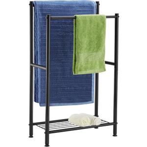 Free Standing Towel Rack, 2 Tier Towel Racks for Bathroom with Storage Shelves, Outdoor Standing Towel Drying Rack for Poolside, Black, DECLUTTR