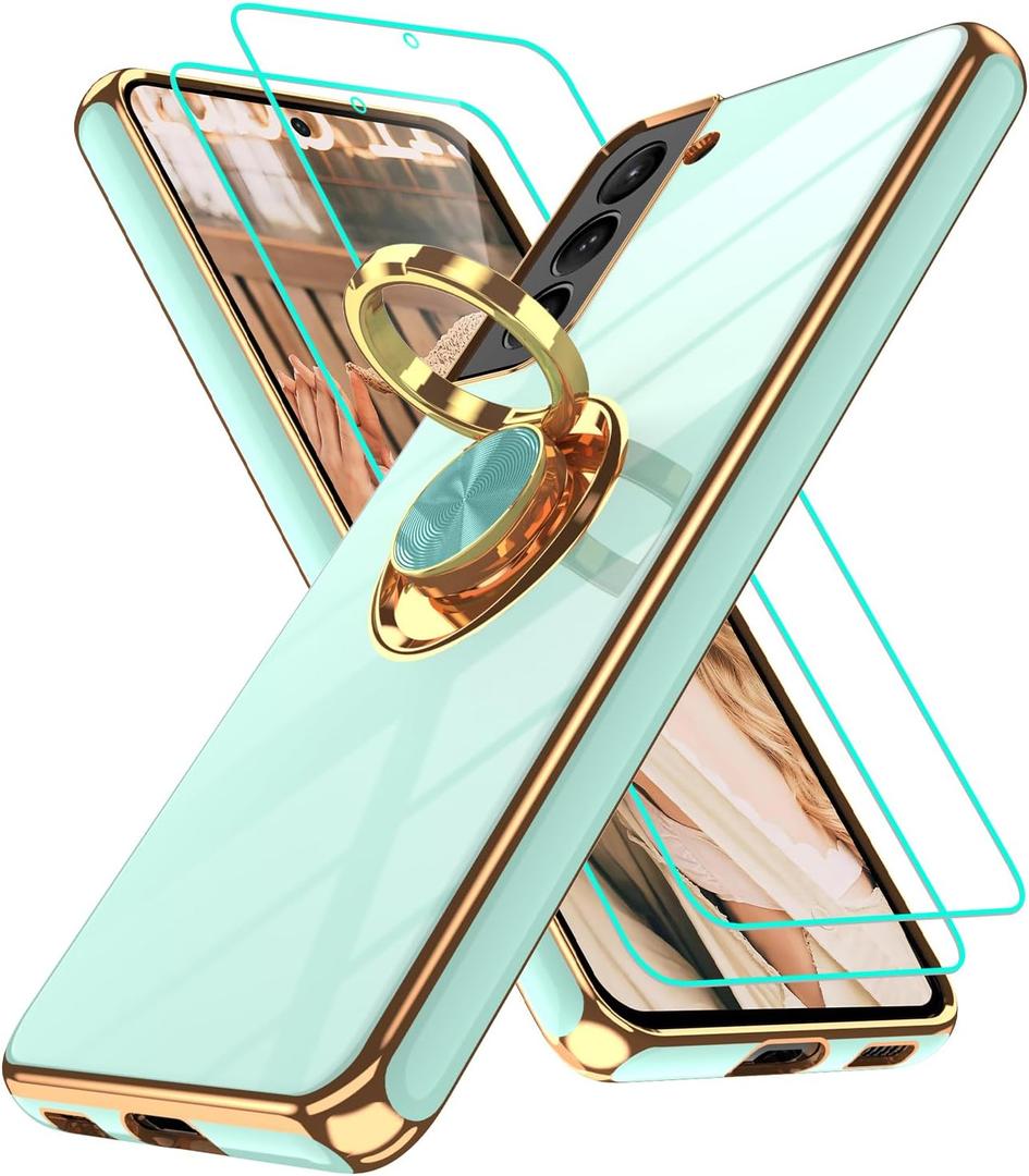 Gritup for Samsung Galaxy S21 Case: with 2Pcs Screen Protector, 360 Rotation Ring Holder Magnetic Kickstand Plating Gold Edge Soft TPU Shockproof Protective Cover for S21, Light Green