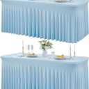 2Pack Baby Blue Spandex Table Clothes for 6 Foot Rectangle Tables, Fitted Table Cover 6ft Stretch Tablecloths Desk Skirt for Parties Weddings Birthday Banquet Baby Shower (6FT(2pack))