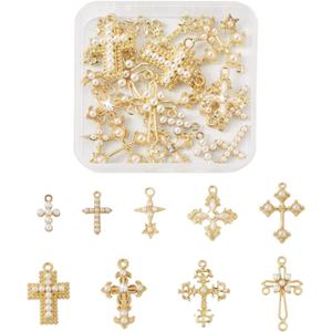 Cheriswelry 18Pcs Cross Metal Charms Light Gold Pearl Rhinestone Pendants Alloy Hanging Ornament 16-39mm 9 Styles for DIY Necklace Bracelet Earring Jewelry Making