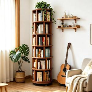 ARIMILAE 6‑Tier Rotating Bookshelf, Solid Rubber Wood 360° Revolving Bookcase with Lockable Casters, Space‑Saving Tall Storage Shelf for Living Room Bedroom Home Office, Walnut, 17.3"D×17.3"W×78.5"H