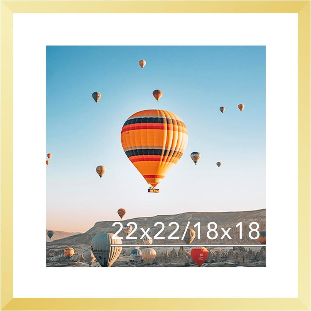 22x22 Picture Frame Gold with 18x18 Mat, Display Photo 18x18 with Mat or 22 x 22 Without Mat, Wall Hanging Large 22x22 Poster Frame with Shatter Resistant Plexiglass, Gold