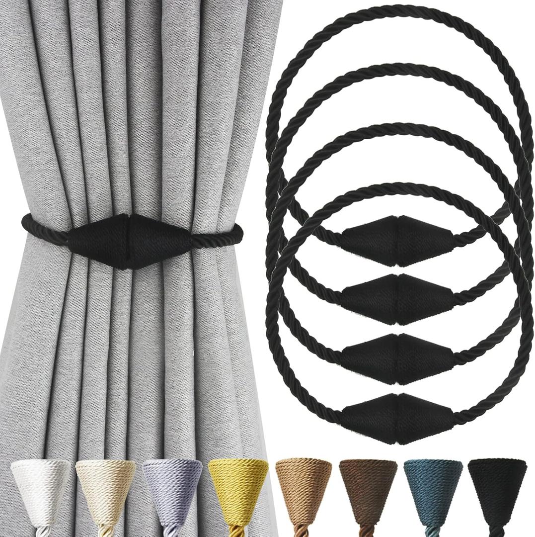 4 Pack Magnetic Curtain Tiebacks Rope Modern Handmade Curtain Tie Backs Decorative Drapes Weave Holdbacks for Window Dcor, Black