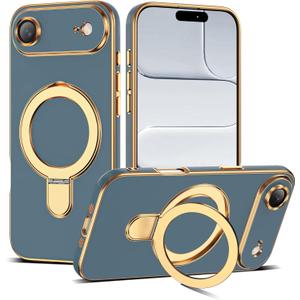 Compatible with iPhone 17 Air Case with Magnetic Ring Stand [Compatible with Mag-Safe] [Full Camera Lens Protector] Soft Plating Phone Case for iPhone 17 Air 6.5", Grey Blue