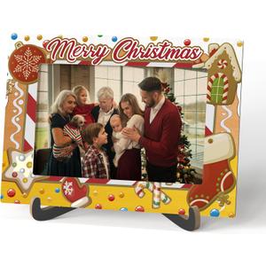 2 x Merry Christmas Picture Frame, Winter Holiday Decorations Holiday Gifts,Gingerbread Men Theme Photo Frame Signs, Wooden Tabletop Photo Frame With Stand, Christmas Frame Gifts for Family Friends-C06