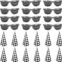 24Pcs Race Car Party Supplies Favors Set Include 12 Race Car Checkered Sunglasses 12Black and White Checkered Cone Hats for Teenagers and Adults Birthday Decorations