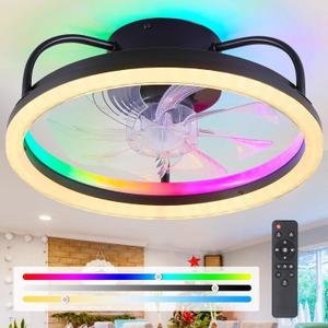 Ceiling Fans with Lights and Remote, 16" Low Profile Ceiling Fan 3000-6000K Dimmable RGB Modern Flush Mount LED Fan Light, 6 Wind Speeds Black Ceiling Fans for Bedroom, Living Room
