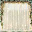 10ft x 10ft Ivory Tulle Photo Backdrop Curtain with Lights String for Parties Wedding Sheer Ivory Curtain Backdrop for Birthday Party Bridal Shower Photo Booth Photography Background Decorations