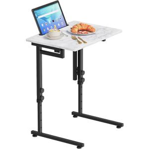 Adjustable Height Tv Tray Table,Portable Folding Tv Dinner Snack Table,Small Foldable C-Shaped End Table for Eating,Slide Under Couch Side with Sturdy MDF Top,No Assembly(White Marble+Black), 20.47 inches x 14.96 inches x 29.53 inches