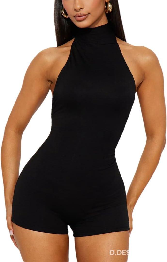 THLAI Sexy Jumpsuit for Women Romper Sleeveless Backless Halter Bodycon Shorts Jumpsuit One Piece Clubwear Night Party Outfit S