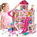 Lehoo Castle Doll House Dreamhome, 4-Story 12 Rooms Dollhouse Playhouse with Doll and Furniture, Pretend Dream Dollhouse Playset Pink Girl Toys, Sturdy Construction, Easy to Move, Ideal Gift Toy