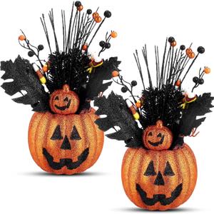 Giegxin 2 Pack Halloween Table Centerpieces Decorations 14'' x 10'' Artificial Flowers Pumpkin with Berries Jack O Lantern Tabletop for Home Kitchen Indoor Outdoor Haunted Party Holiday