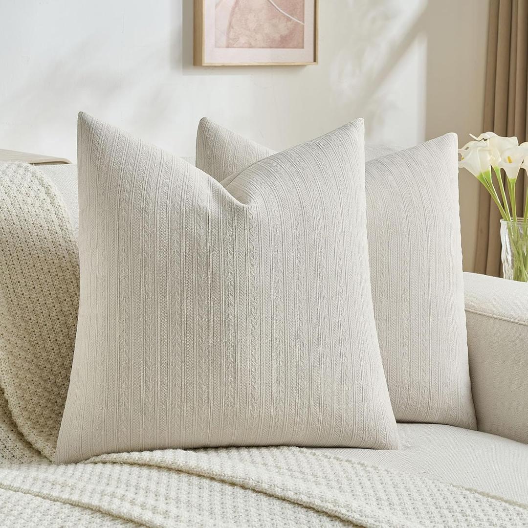 FUTEI Pack of 2 Solid Chenille Throw Pillow Covers 22x22 Inch Soft Cozy Wheat Ear Striped Textured Decorative Cushion Cases Modern Farmhouse Accent for Couch Bed Living Room, Beige