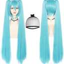 ANOGOL Hair Cap+ 120CM Blue Ponytail Wig Cosplay Lolita Wigs with Double Ponytails Long Straight Blue Cosplay Wigs Synthetic Hair Party for Anime Costume Halloween Outfit