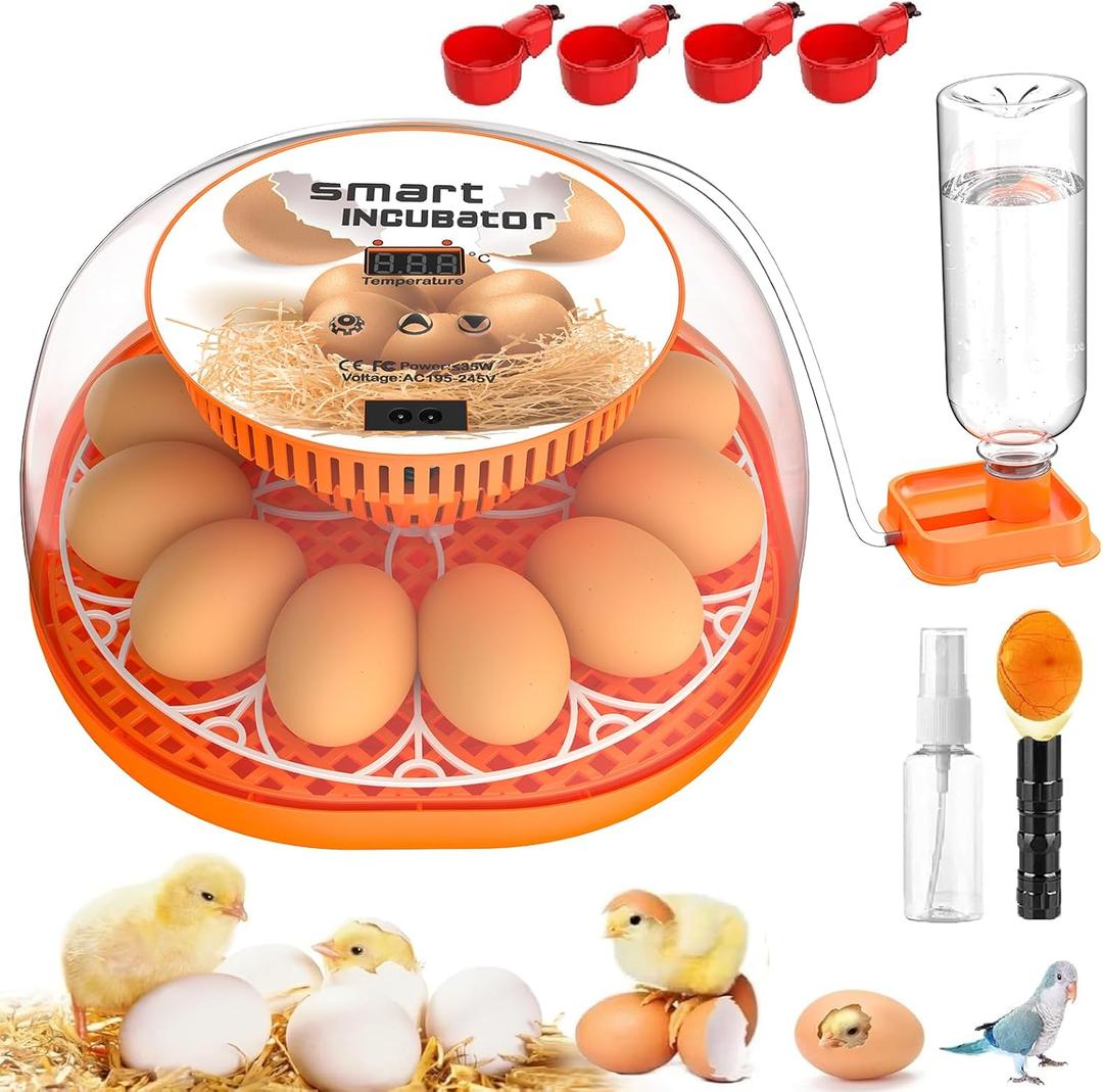 Incubators for Hatching Eggs, 12 Egg Incubator with Automatic Egg Turning and Temperature Control, Automatic Water Adding, LED Egg Candler, for Hatching Chickens, Duck, Quail, Goose Eggs (Orange)