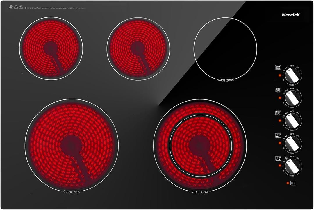 30 Inch Electric Cooktop 7300W Built-in Electric Stove Top 5 Burners 11 Power Levels,Knob Control,Keep Warm Function,Child Safety Lock,Hot Surface Indicator